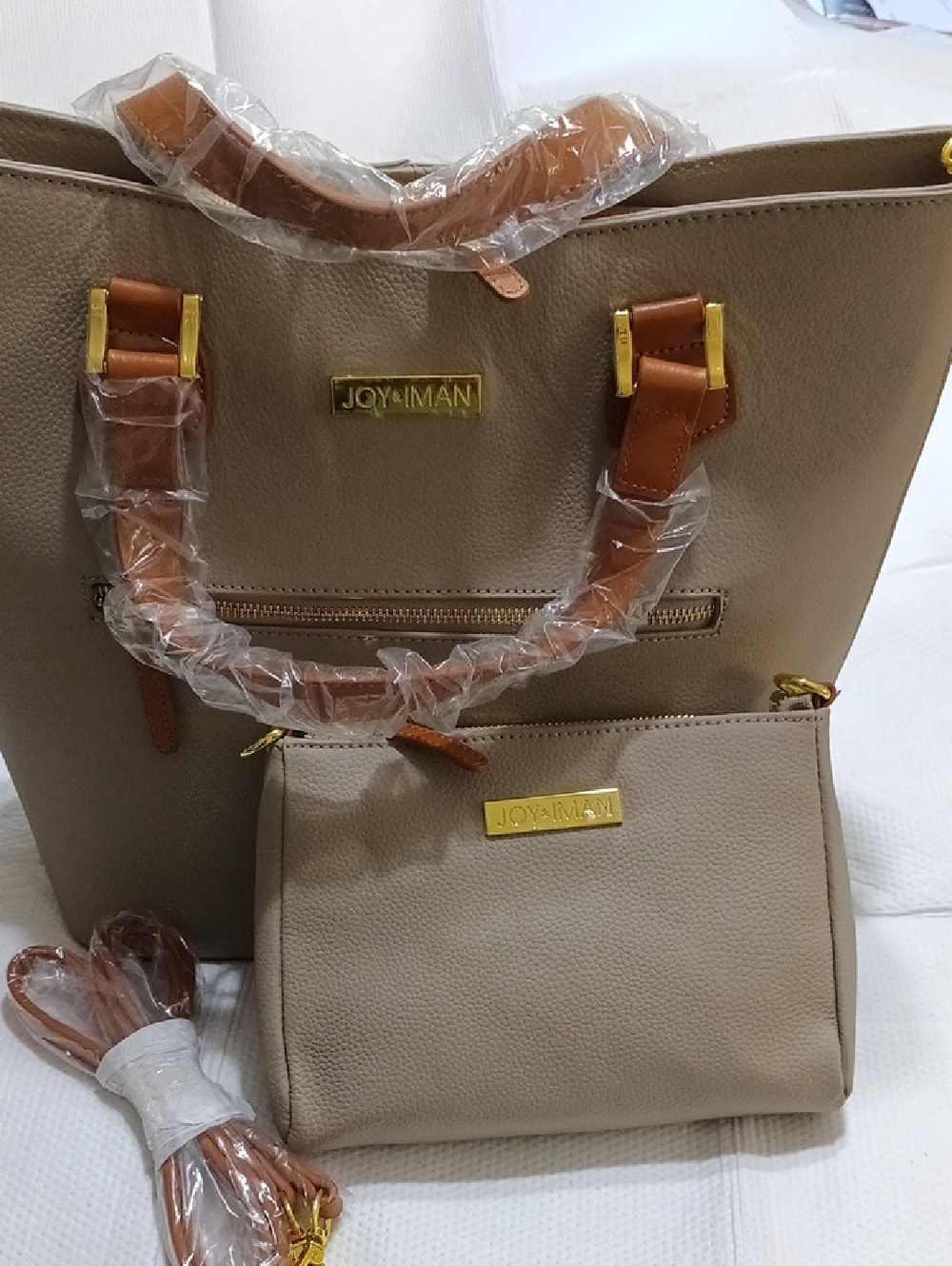 Joy/Iman Taupe Pebble Leather Tote And Mini Bag